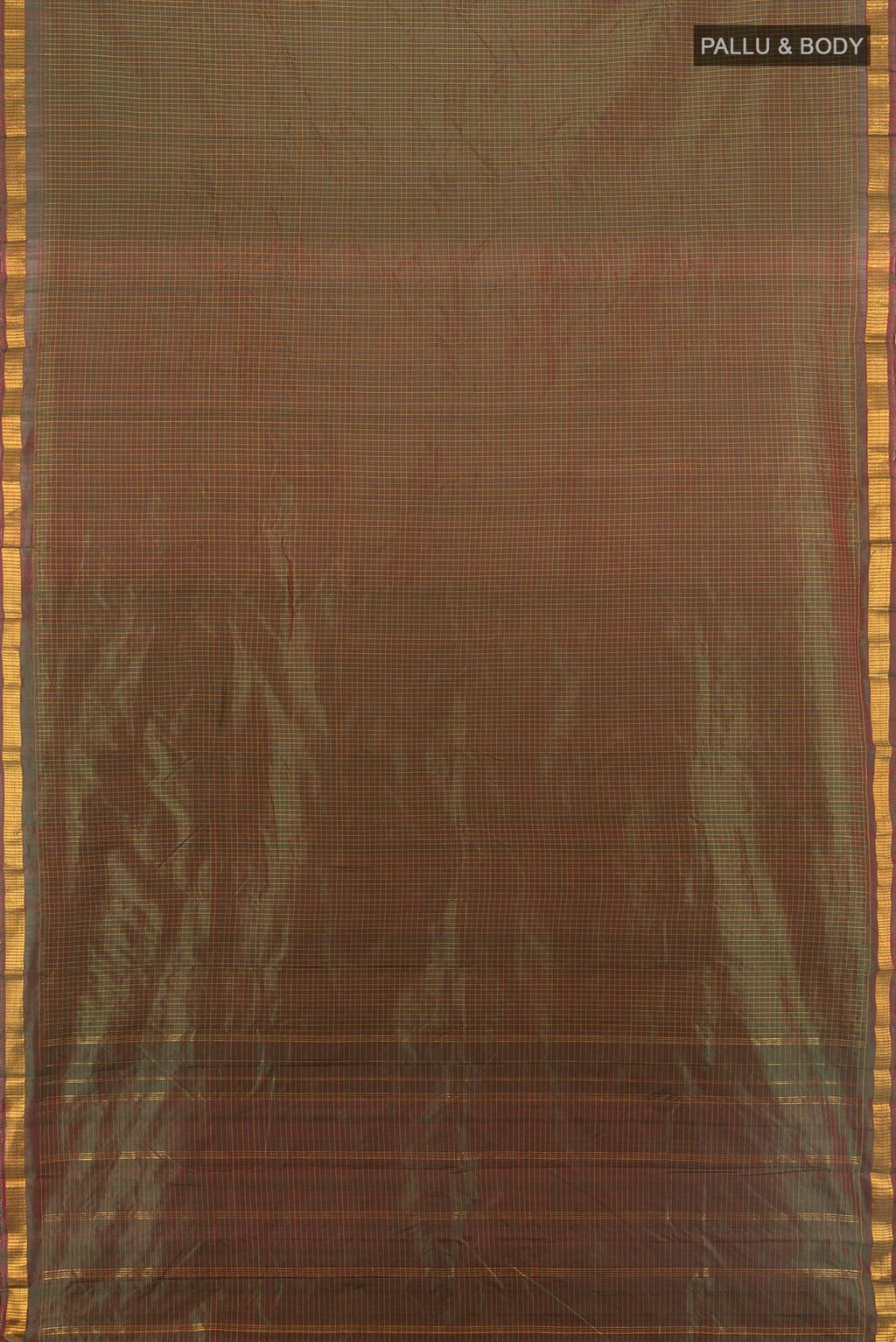 Flat view of Pure Silk Mehandi Green Dual Tone Kanjivaram Saree with Checked design on the body and Zari Border. 