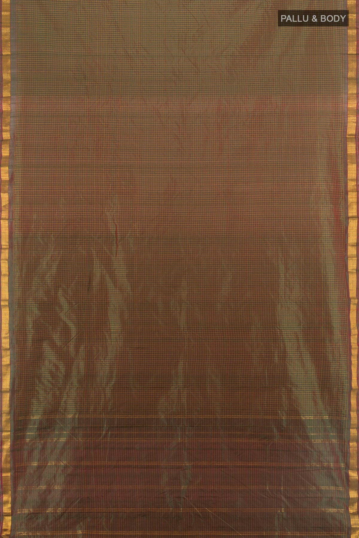 Flat view of Pure Silk Mehandi Green Dual Tone Kanjivaram Saree with Checked design on the body and Zari Border. 