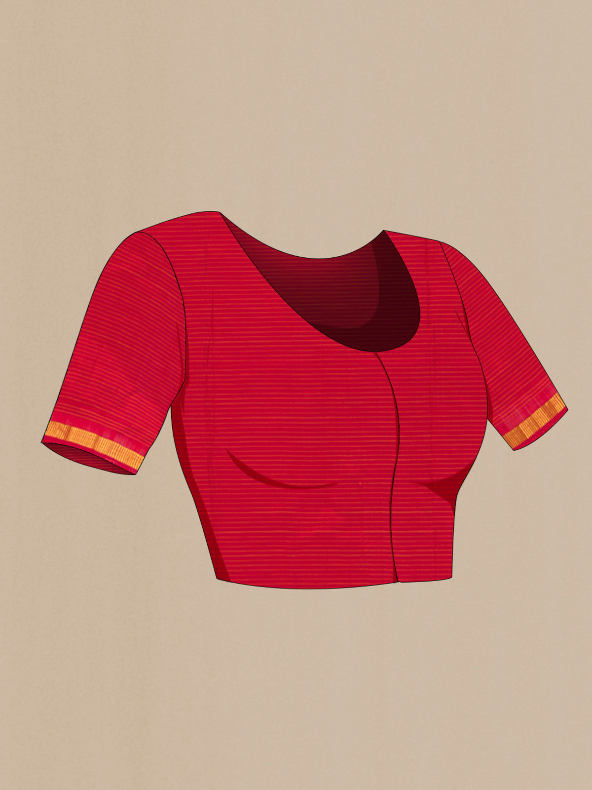 Close up image of the blouse of Pure Silk Red Kanjivaram Saree with Checked design on the body and Zari Border. 