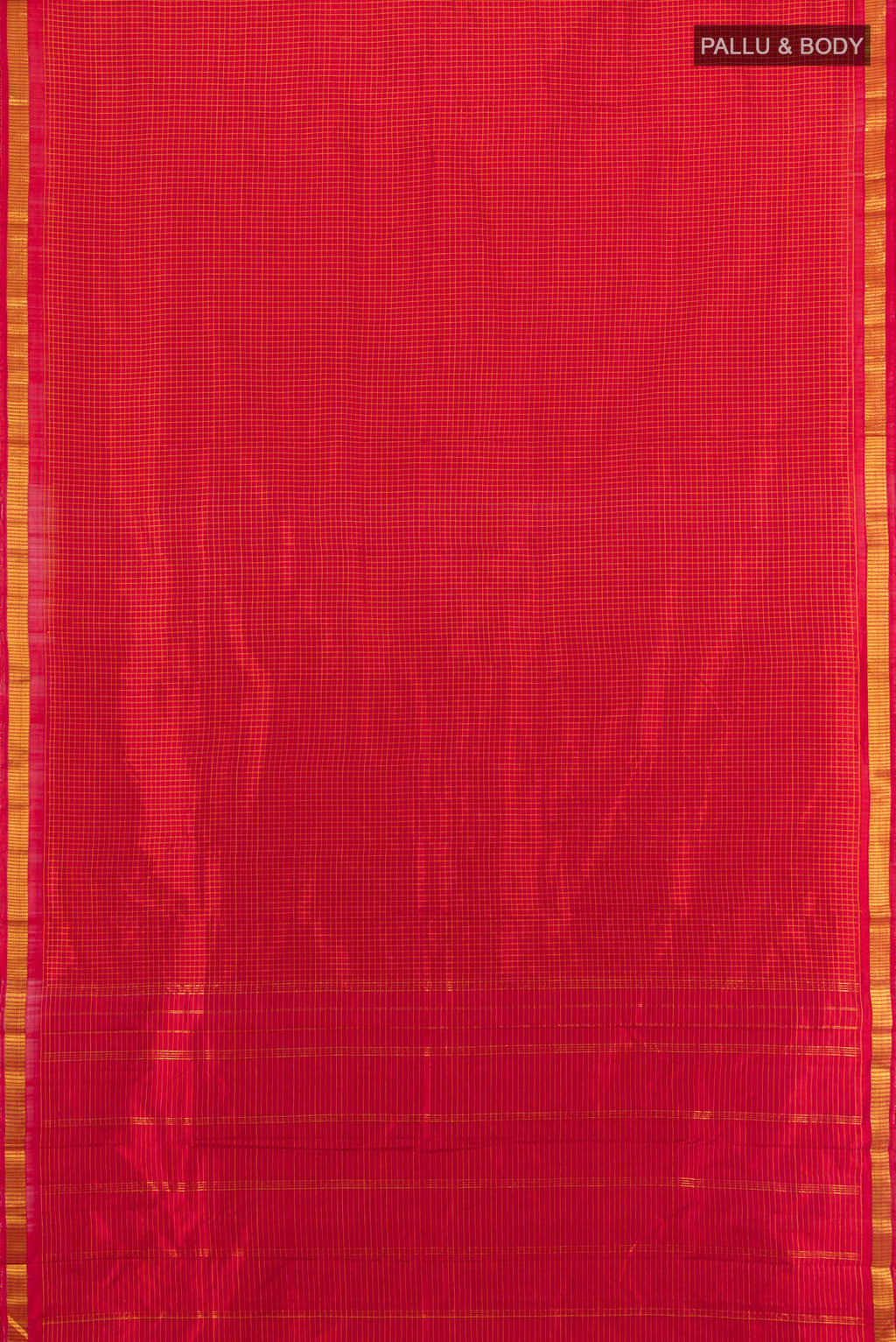 Flat view of Pure Silk Red Kanjivaram Saree with Checked design on the body and Zari Border. 