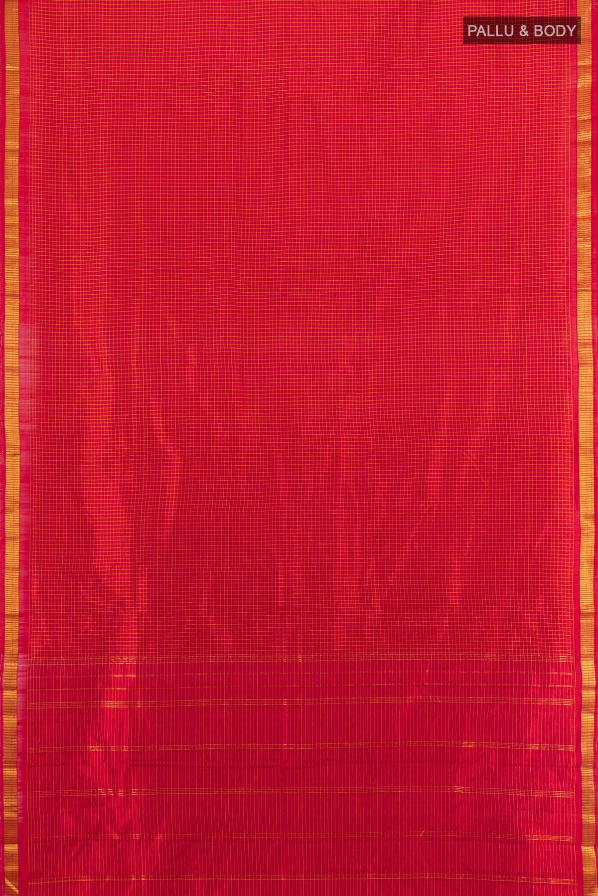 Flat view of Pure Silk Red Kanjivaram Saree with Checked design on the body and Zari Border. 