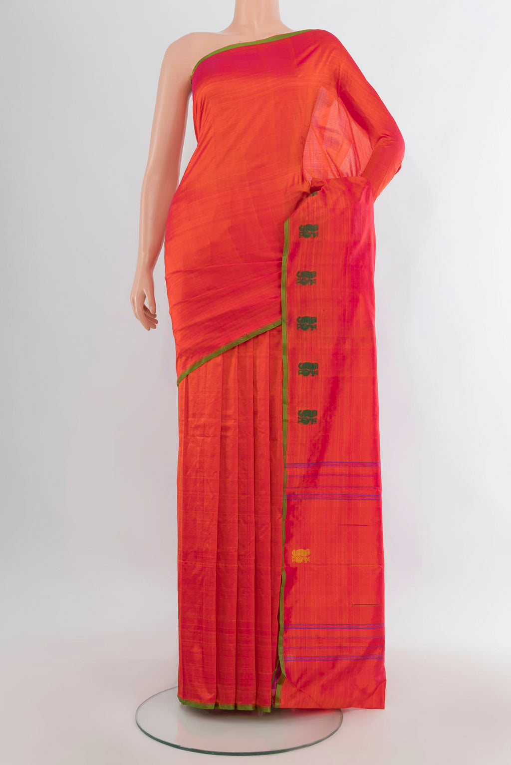 Pure Silk Orange Kanchipuram Saree with Plain Body and Thread Border.  displayed on a mannequin