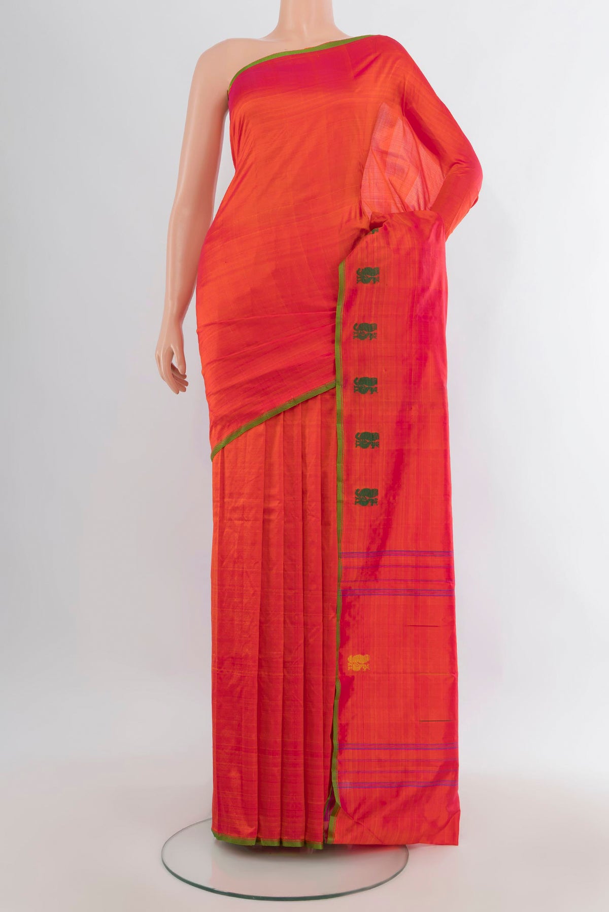 Pure Silk Orange Kanchipuram Saree with Plain Body and Thread Border.  displayed on a mannequin