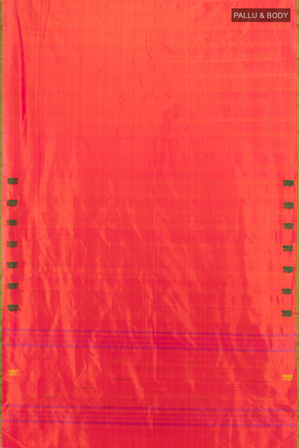 Flat view of Pure Silk Orange Kanchipuram Saree with Plain Body and Thread Border. 
