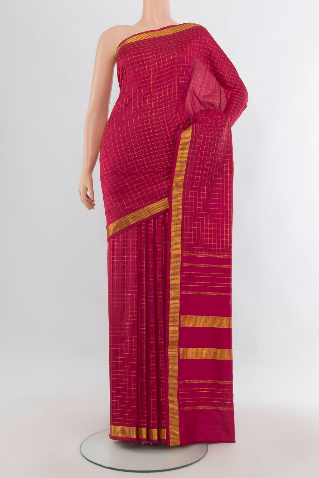 Pure Silk Maroon Kanchipuram Saree with Checked design on the body and Zari Border.  displayed on a mannequin