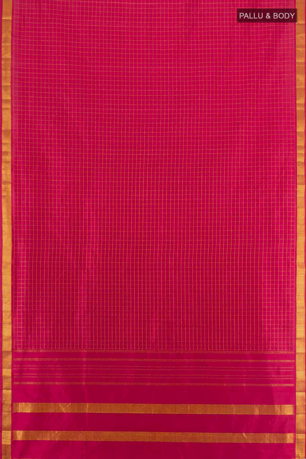 Flat view of Pure Silk Maroon Kanchipuram Saree with Checked design on the body and Zari Border. 