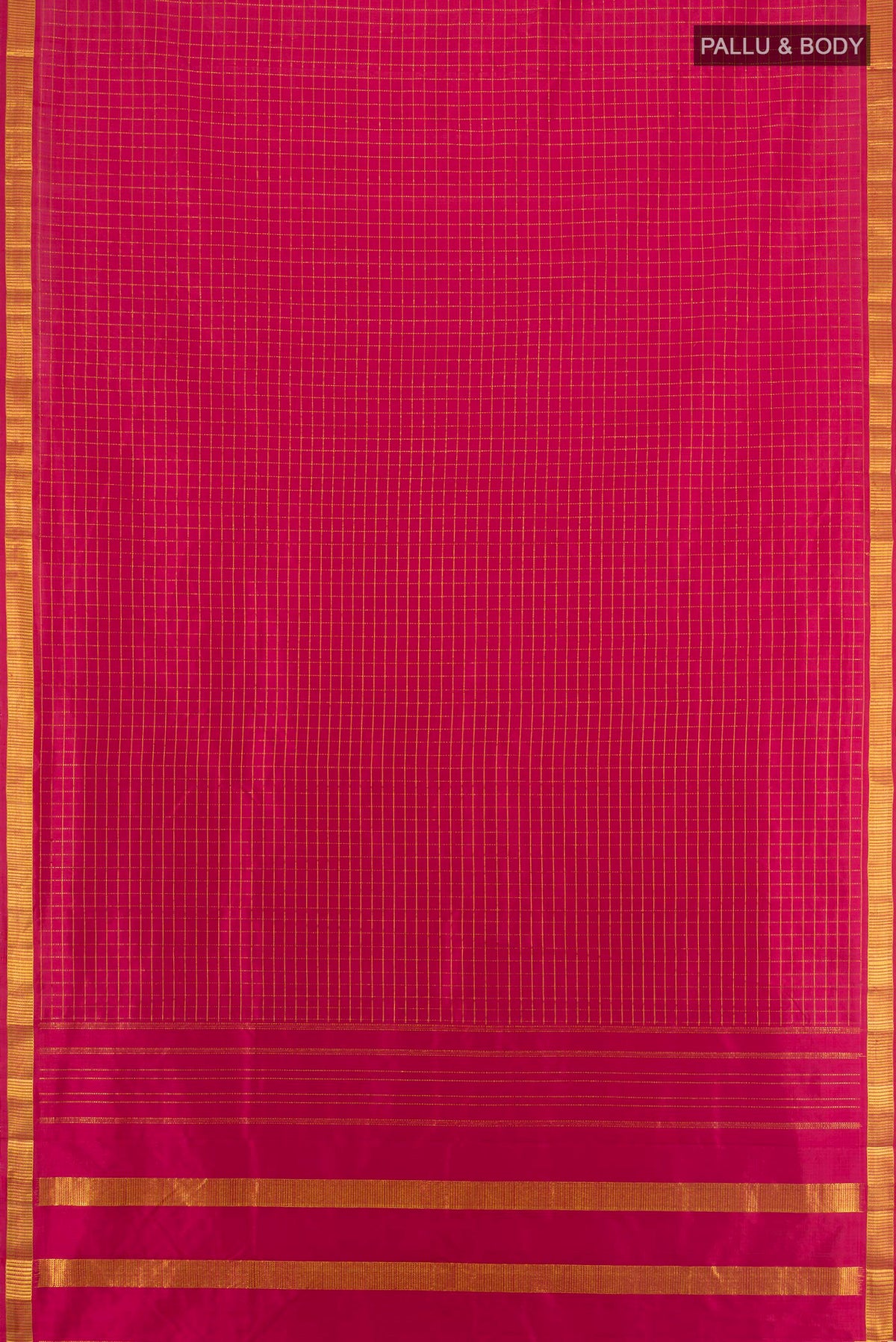 Flat view of Pure Silk Maroon Kanchipuram Saree with Checked design on the body and Zari Border. 