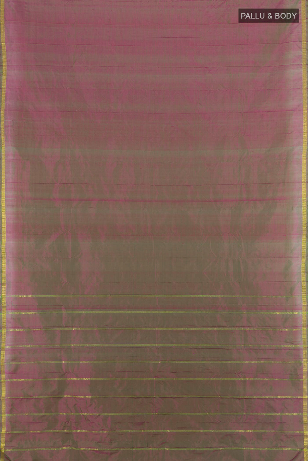 Flat view of Pure Silk Green with Pink Color Kanchipuram Saree with Plain Body and Zari Border. 