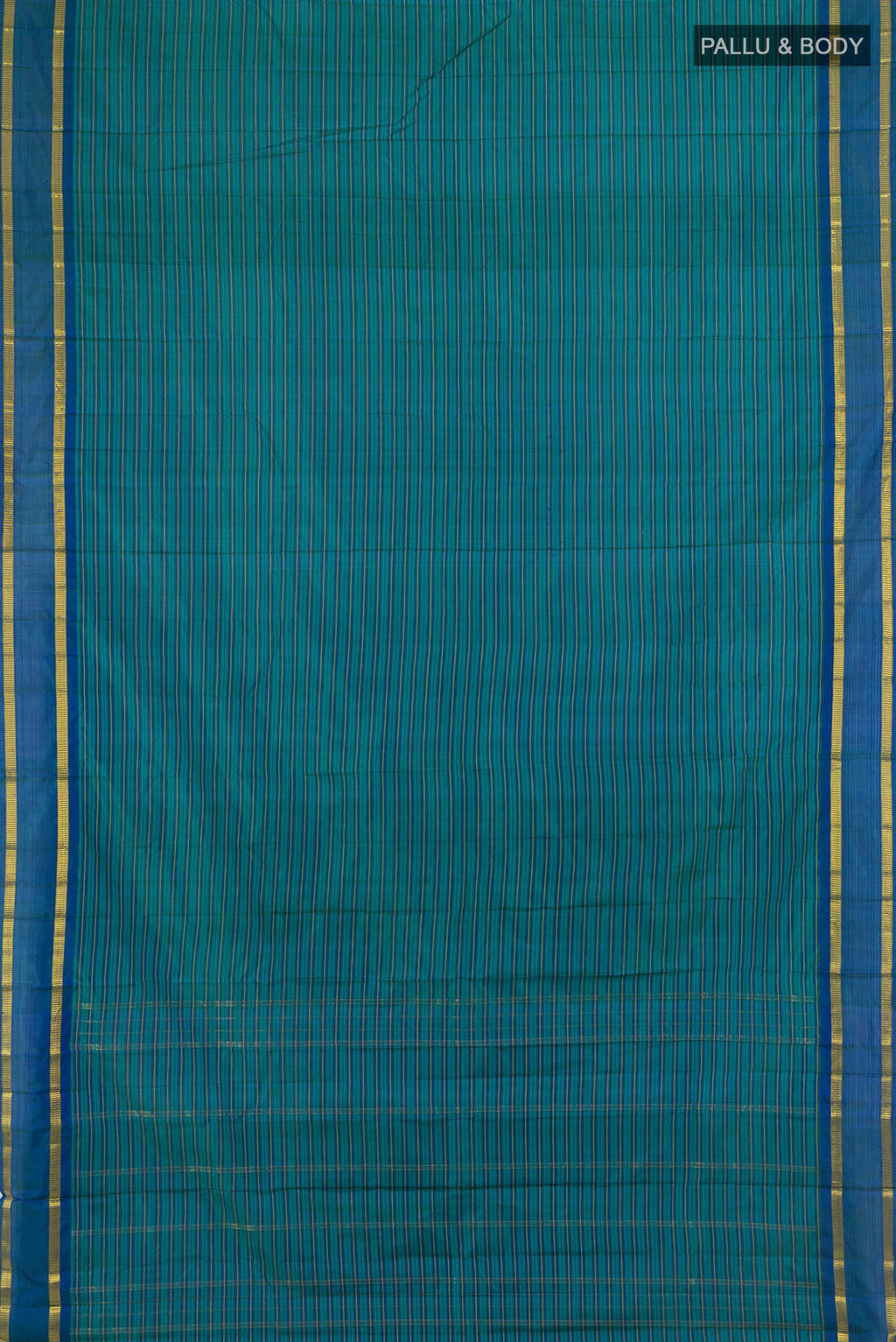 Flat view of Pure Silk Sea Green Kanchipuram Saree with Stripes on the body and Zari Border. 
