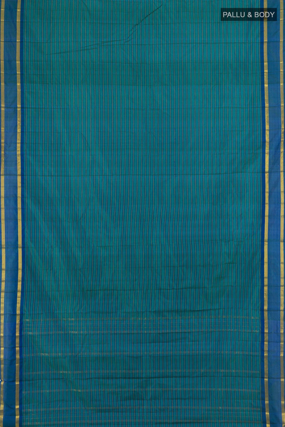 Flat view of Pure Silk Sea Green Kanchipuram Saree with Stripes on the body and Zari Border. 