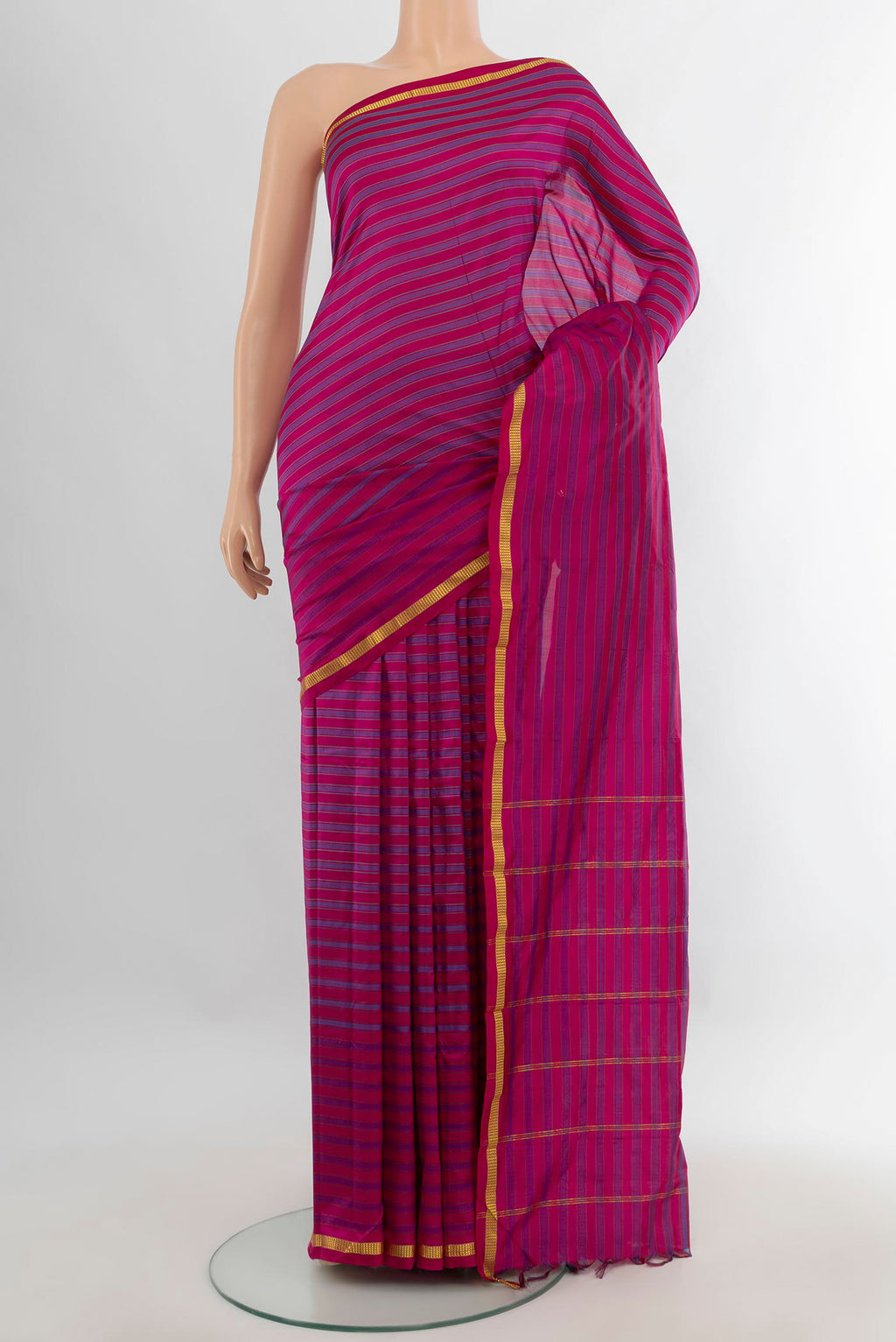 Pure Silk Pink Kanchipuram Saree with Stripes on the body and Zari Border.  displayed on a mannequin