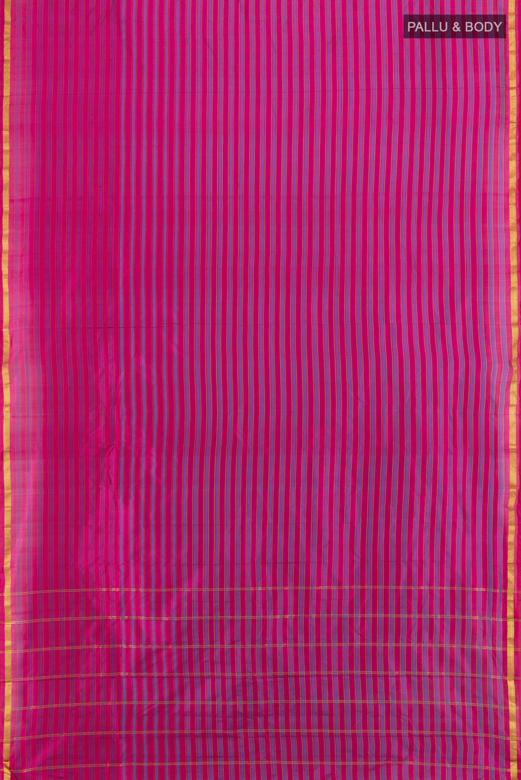 Flat view of Pure Silk Pink Kanchipuram Saree with Stripes on the body and Zari Border. 