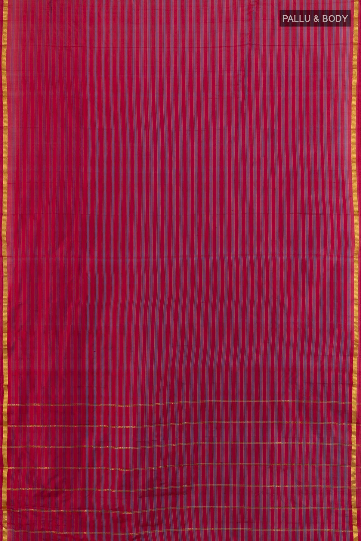 Flat view of Pure Silk Multi Color Kanchipuram Saree with Stripes on the body and Zari Border. 