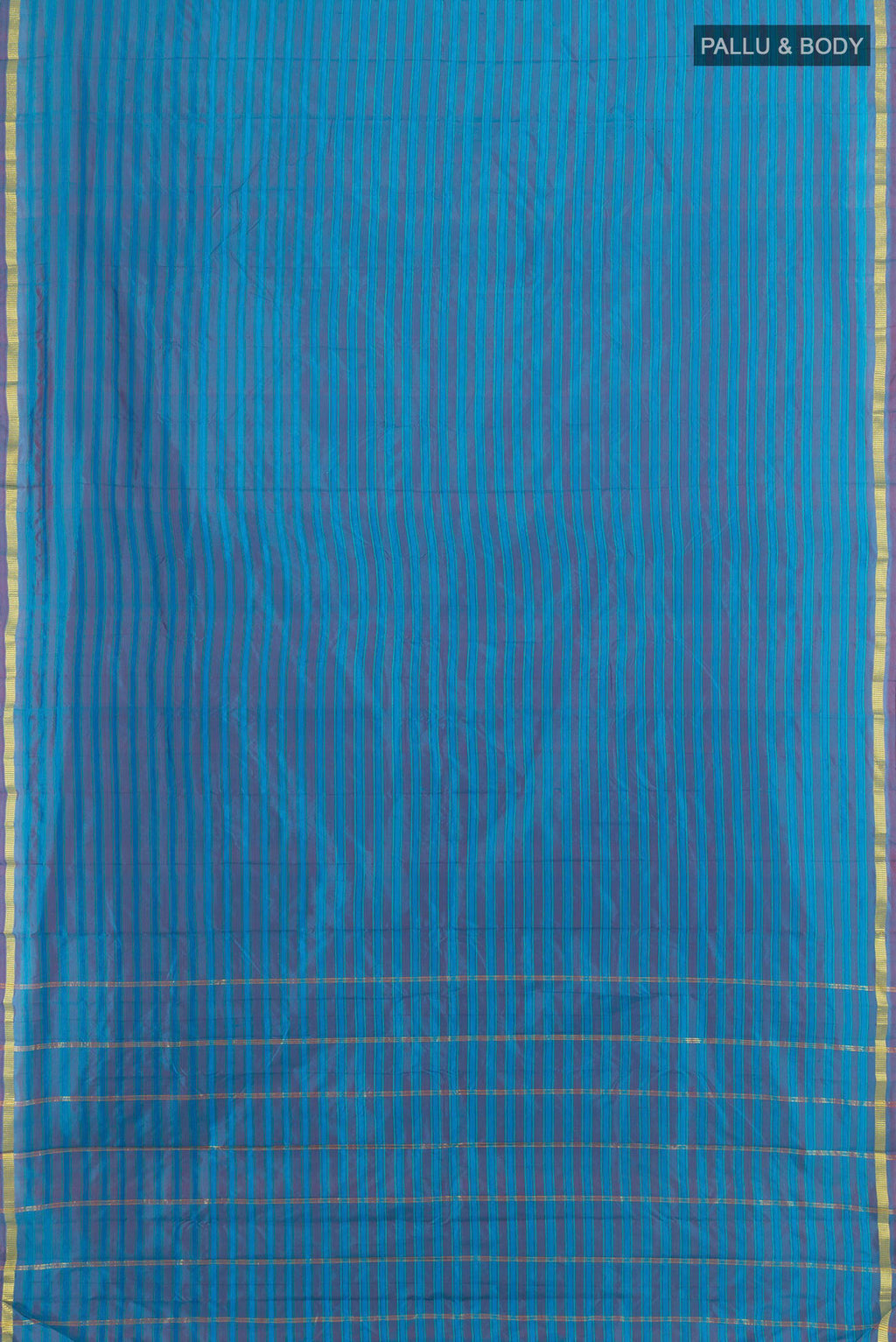 Flat view of Pure Silk Blue Kanchipuram Saree with Stripes on the body and Zari Border. 