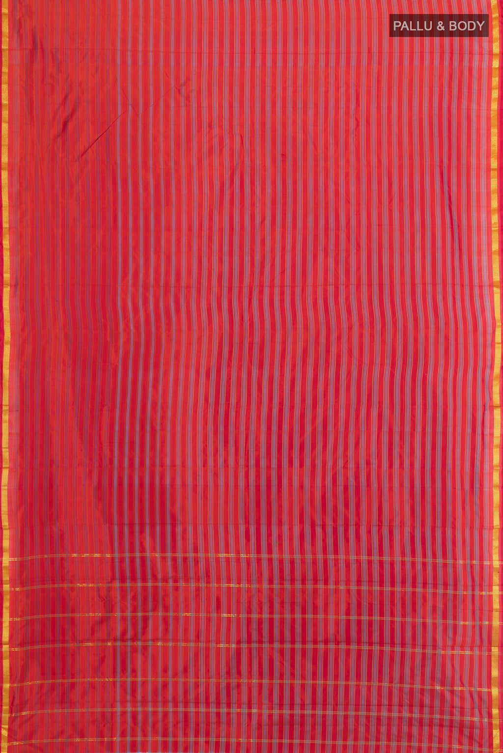 Flat view of Pure Silk Brick Orange Kanchipuram Saree with Stripes on the body and Zari Border. 