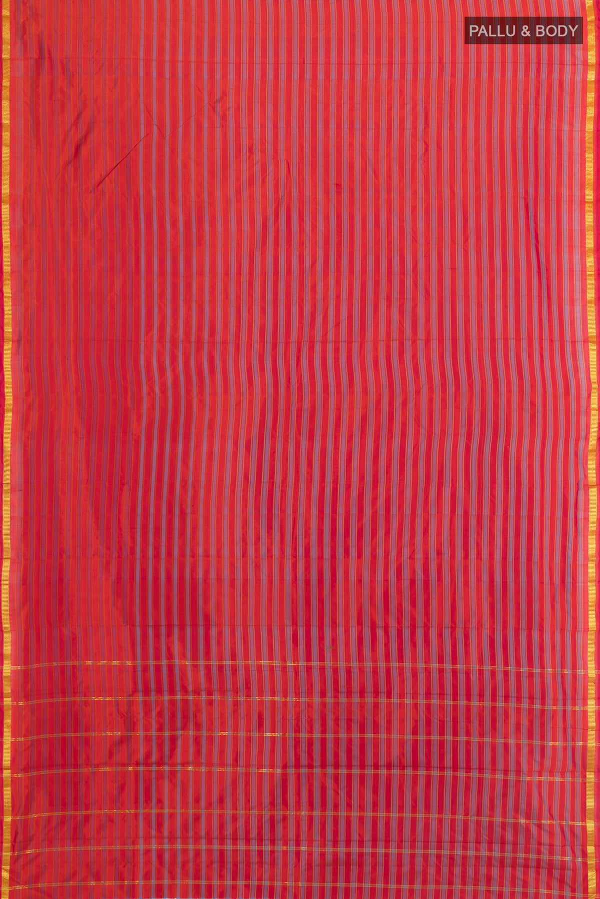 Flat view of Pure Silk Brick Orange Kanchipuram Saree with Stripes on the body and Zari Border. 