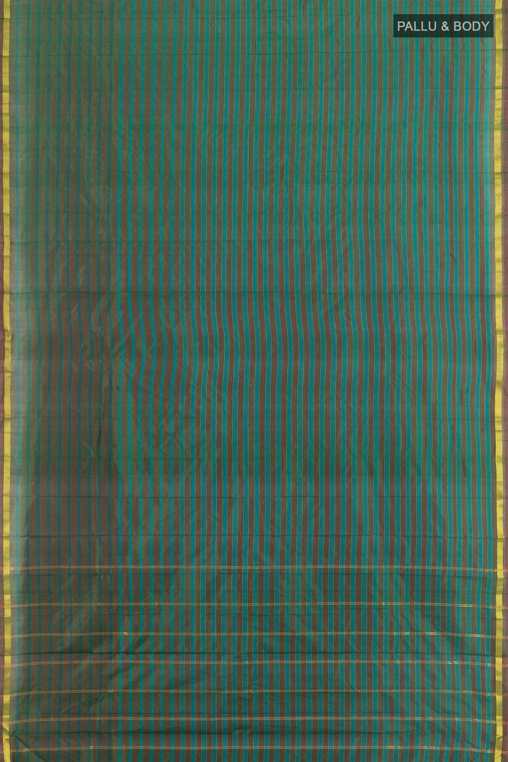 Flat view of Pure Silk Green Kanchipuram Saree with Stripes on the body and Zari Border. 
