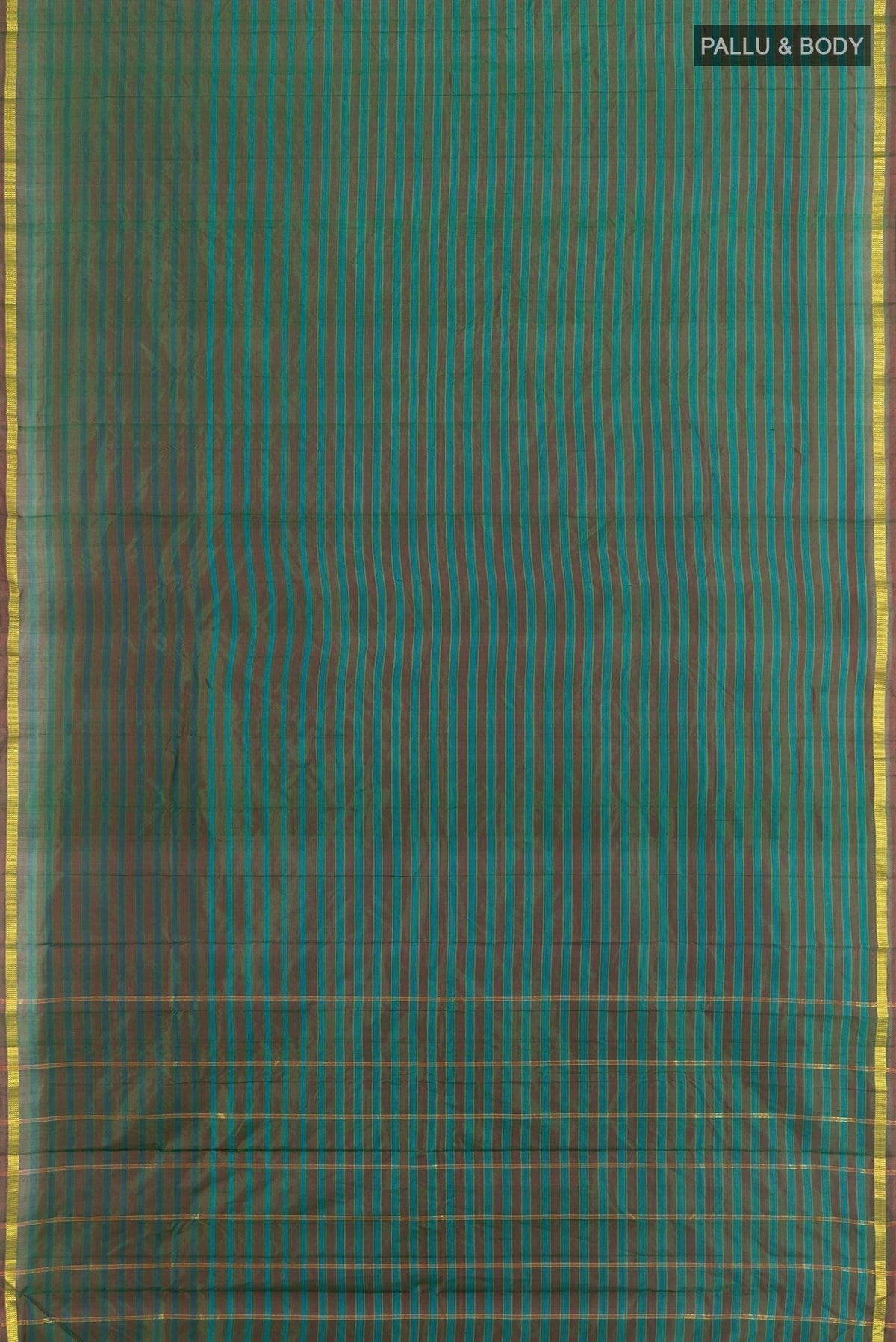 Flat view of Pure Silk Green Kanchipuram Saree with Stripes on the body and Zari Border. 