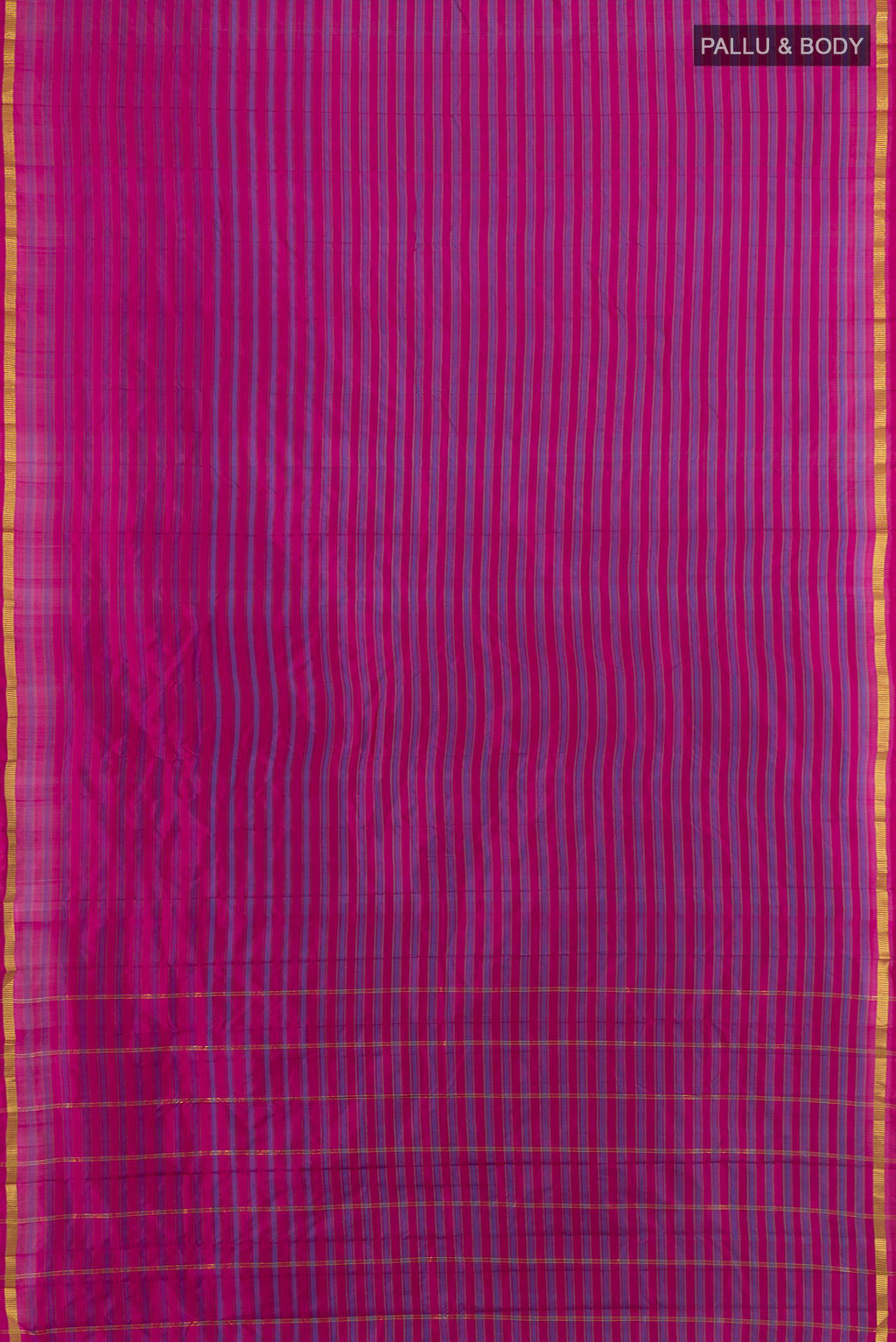 Flat view of Pure Silk Magenta Kanchipuram Saree with Stripes on the body and Zari Border. 