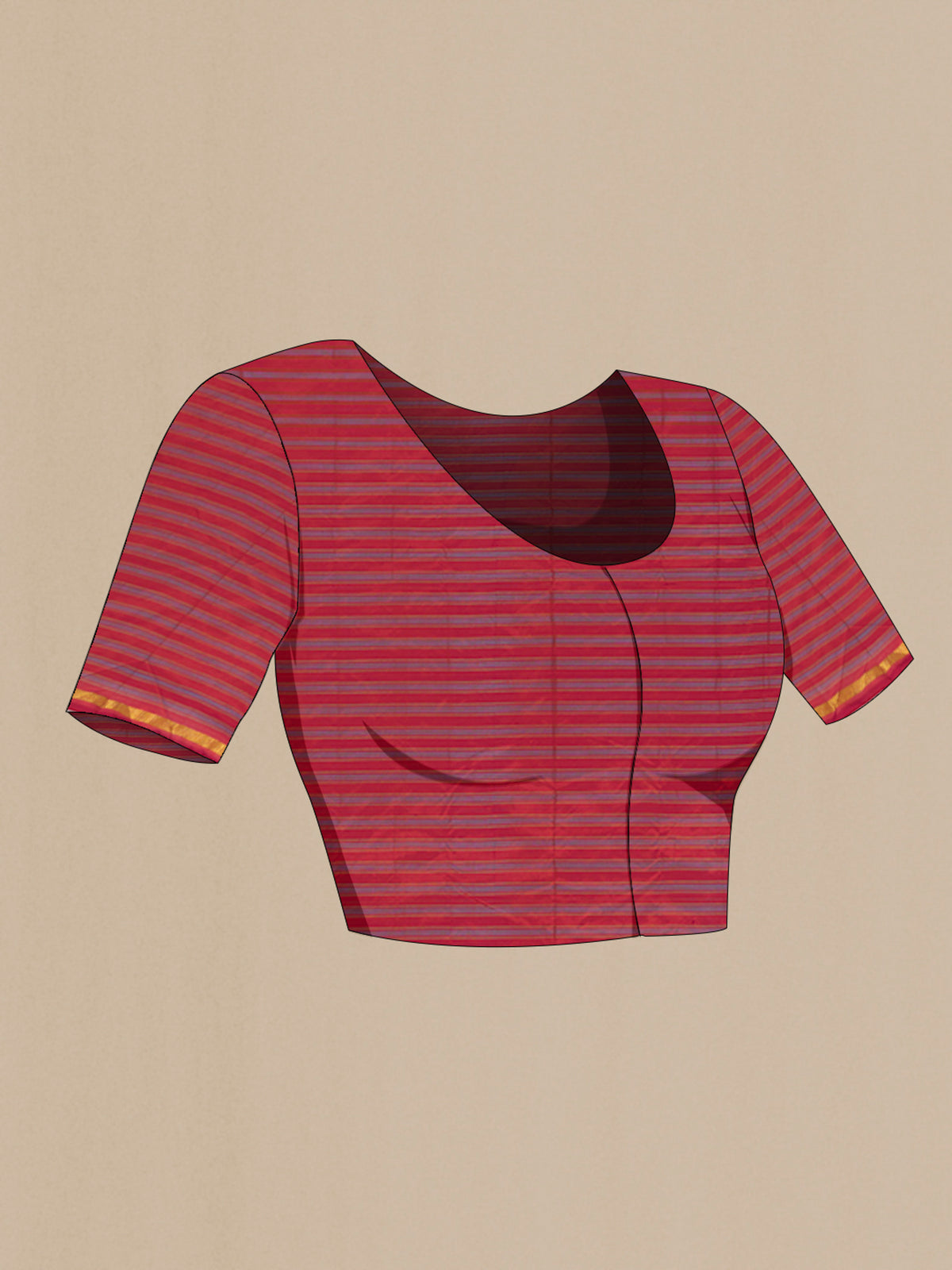 Close up image of the blouse of Pure Silk Rust Kanchipuram Saree with Stripes on the body and Zari Border. 