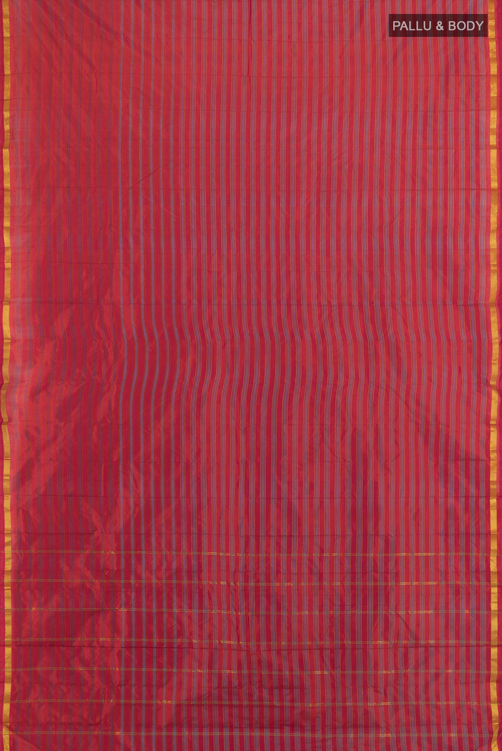 Flat view of Pure Silk Rust Kanchipuram Saree with Stripes on the body and Zari Border. 