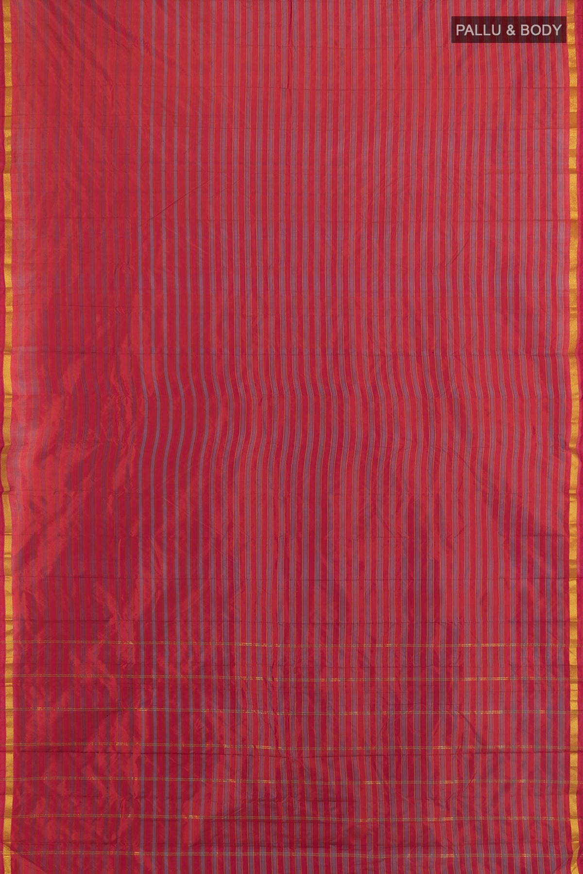 Flat view of Pure Silk Rust Kanchipuram Saree with Stripes on the body and Zari Border. 