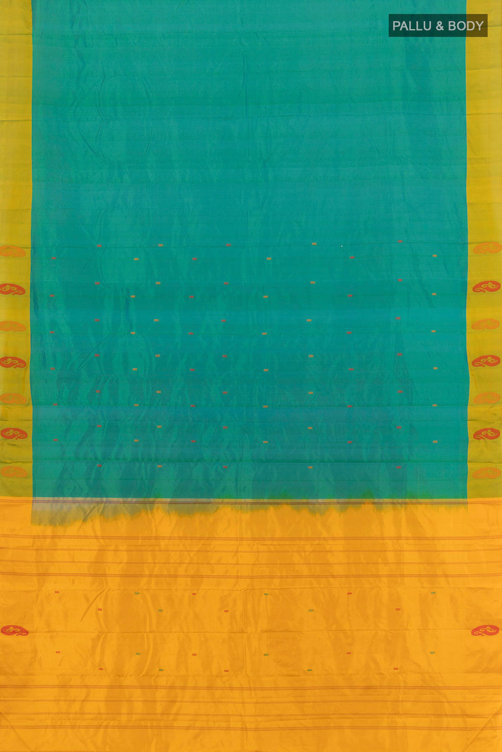 Flat view of Pure Silk Sea Green Kanchipuram Saree with Plain Body and Plain Border. 
