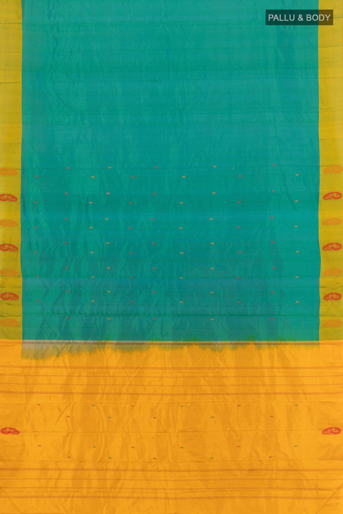 Flat view of Pure Silk Sea Green Kanchipuram Saree with Plain Body and Plain Border. 