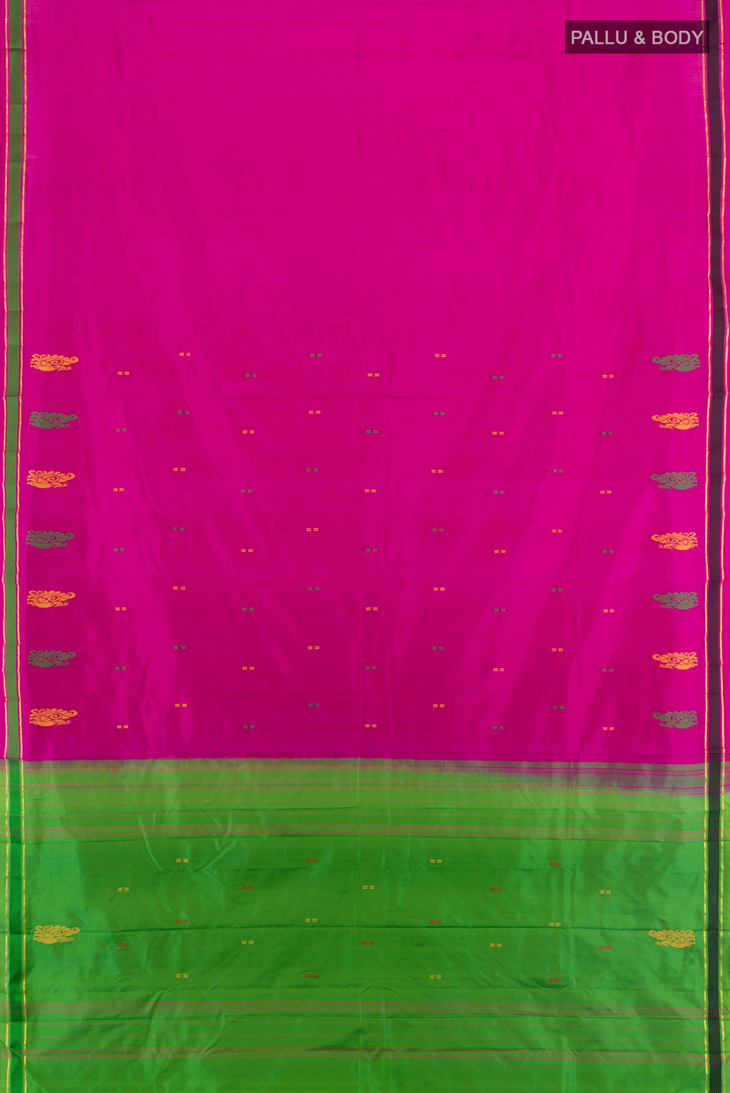Flat view of Pure Silk Rani Pink Kanchipuram Saree with Plain Body and Thread Border. 