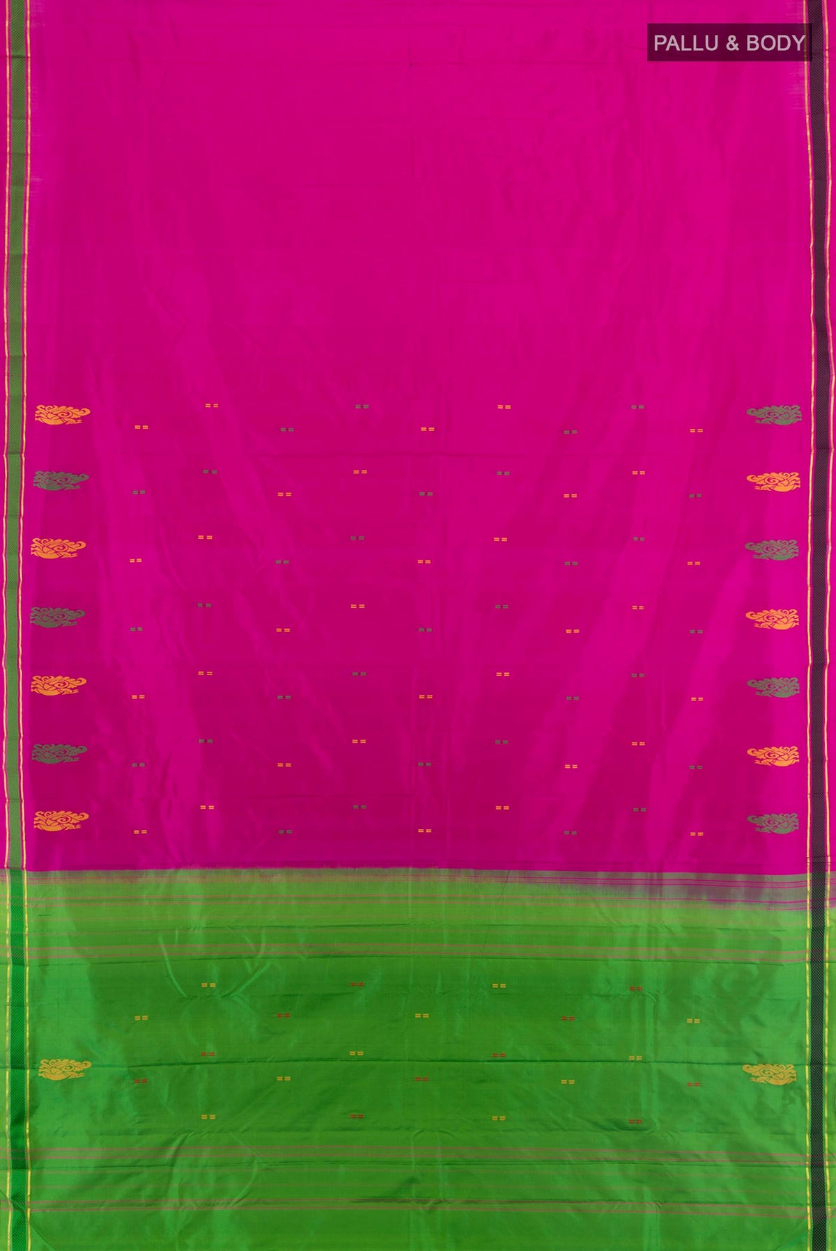 Flat view of Pure Silk Rani Pink Kanchipuram Saree with Plain Body and Thread Border. 