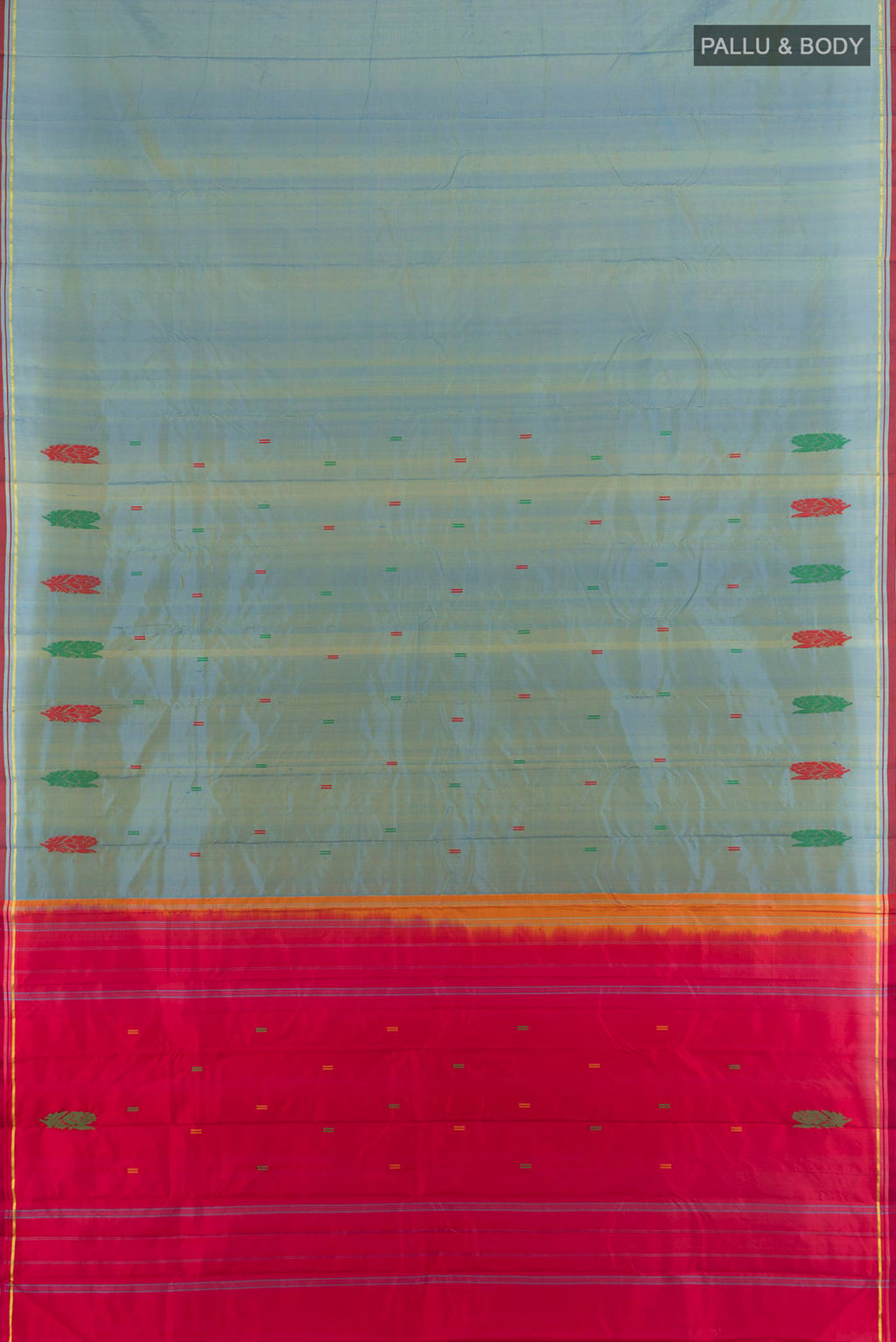 Flat view of Pure Silk Light Blue Kanchipuram Saree with Thread Butta on the body and Silk Border. 