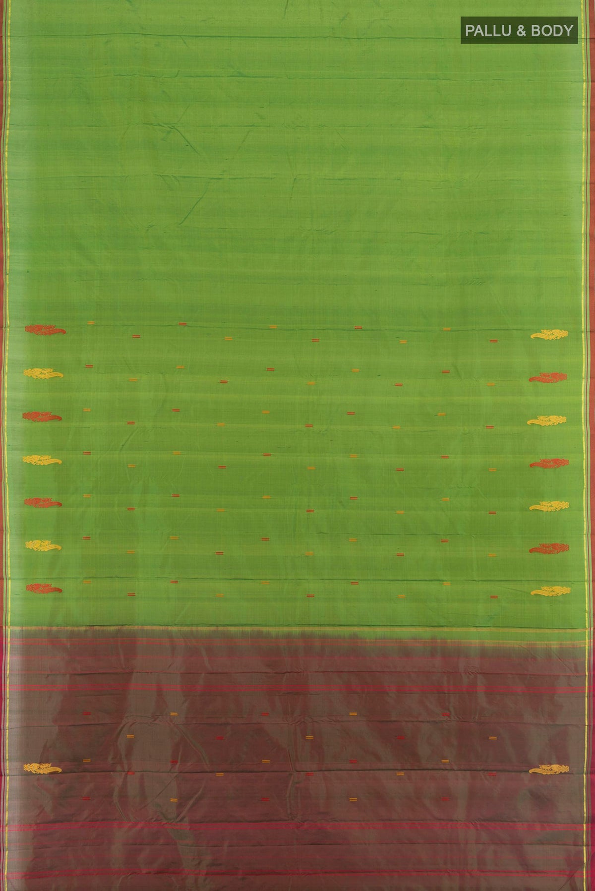 Flat view of Pure Silk Light Green Kanchipuram Saree with Plain Body and Thread Border. 