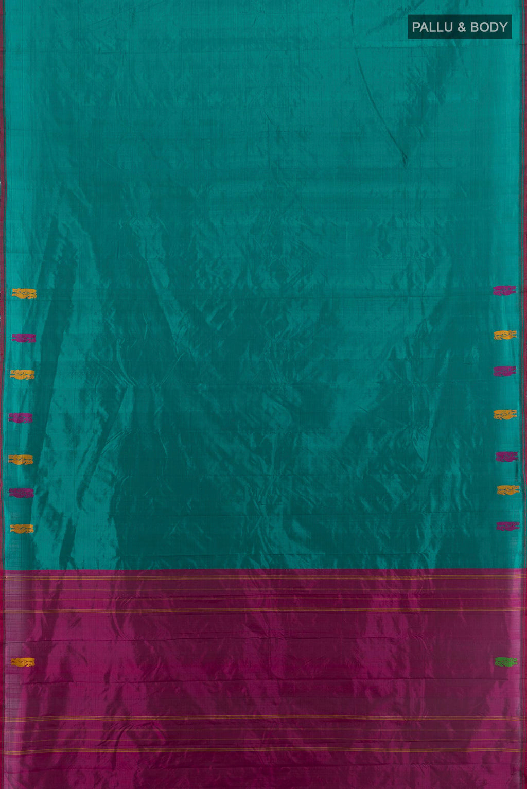 Flat view of Pure Silk Green Kanchipuram Saree with Plain Body and Thread Border. 