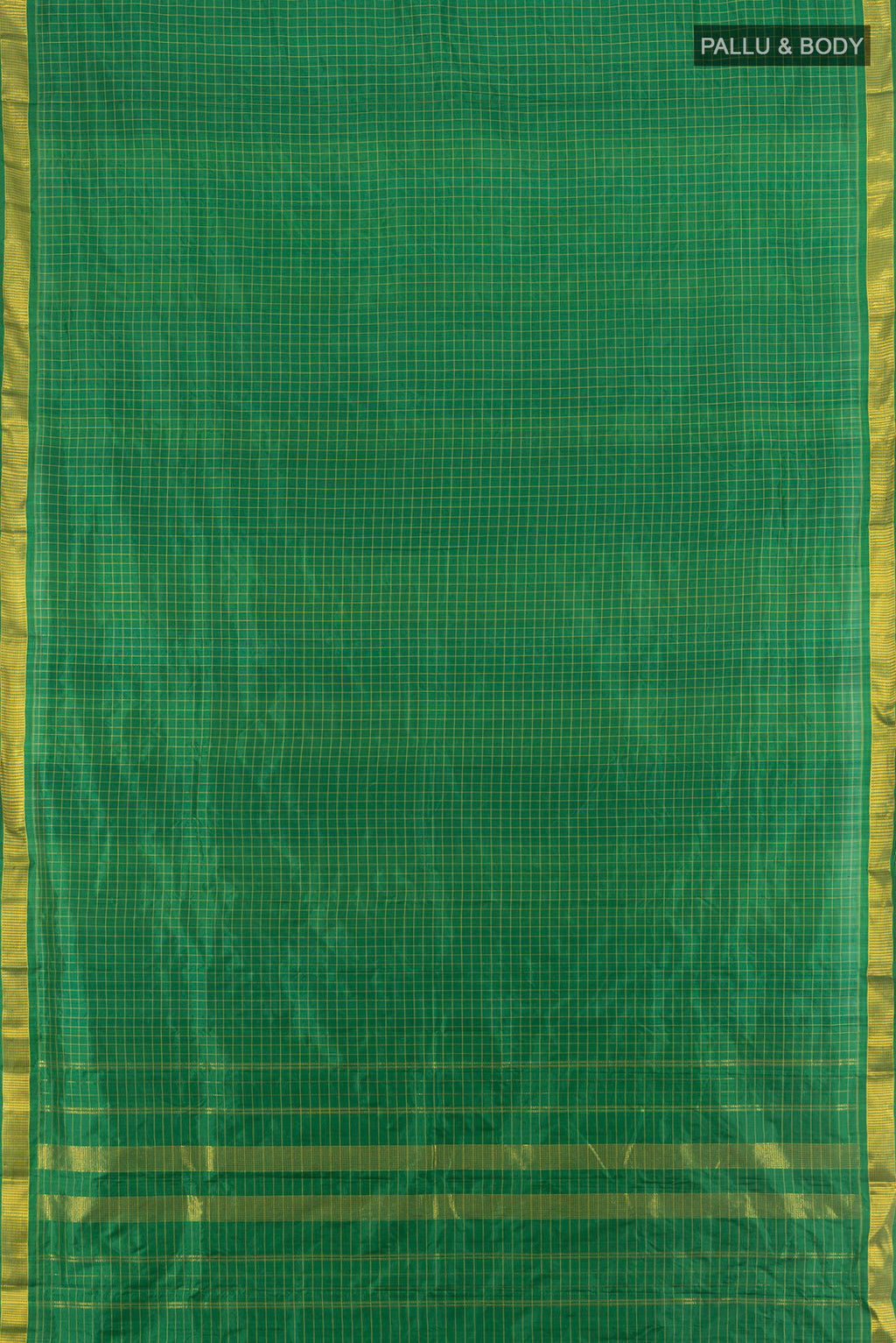 Flat view of Pure Silk Green Kanjivaram Saree with Checked design on the body and Zari Border. 