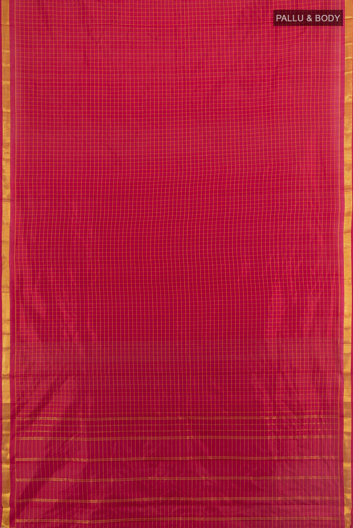 Flat view of Pure Silk Maroon Kanjivaram Saree with Checked design on the body and Zari Border. 