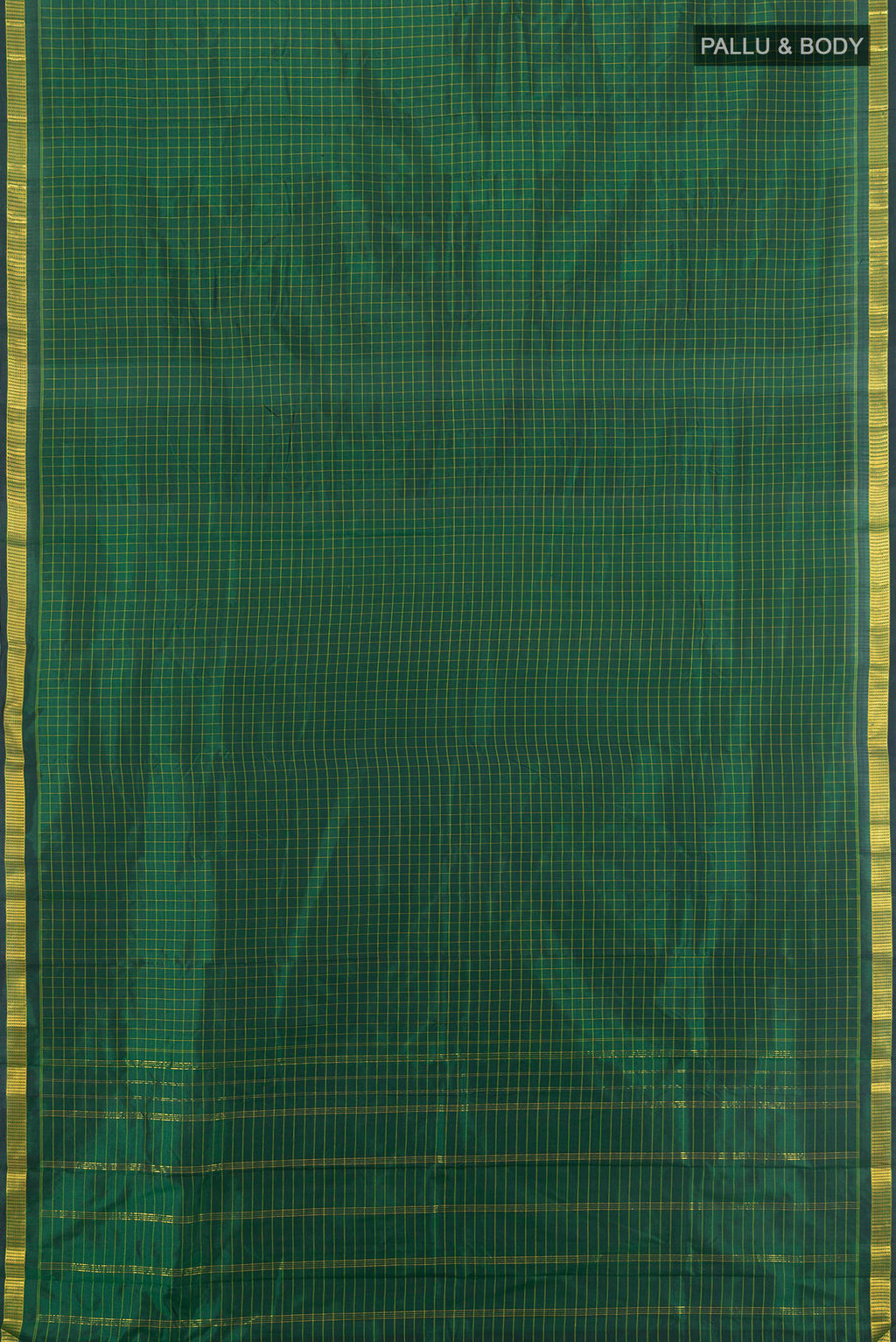 Flat view of Pure Silk Mint Green Kanjivaram Saree with Checked design on the body and Silk Border. 