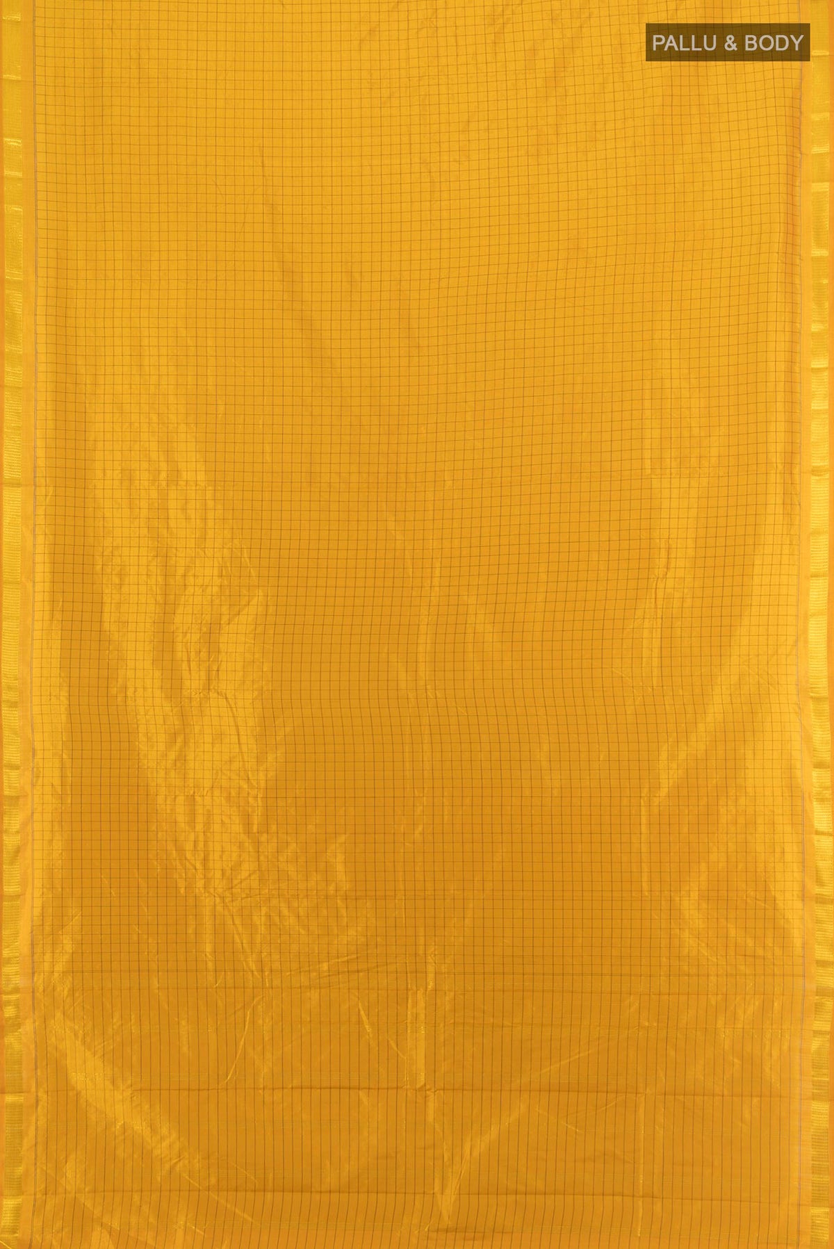 Flat view of Pure Silk Mustard Kanjivaram Saree with Checked design on the body and Zari Border. 