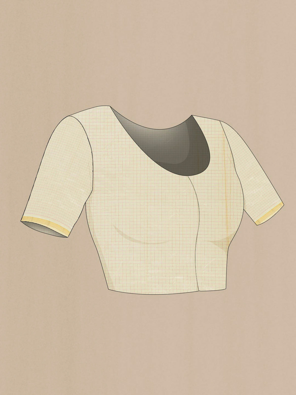 Close up image of the blouse of Pure Silk Cream Kanjivaram Saree with Checked design on the body and Zari Border. 
