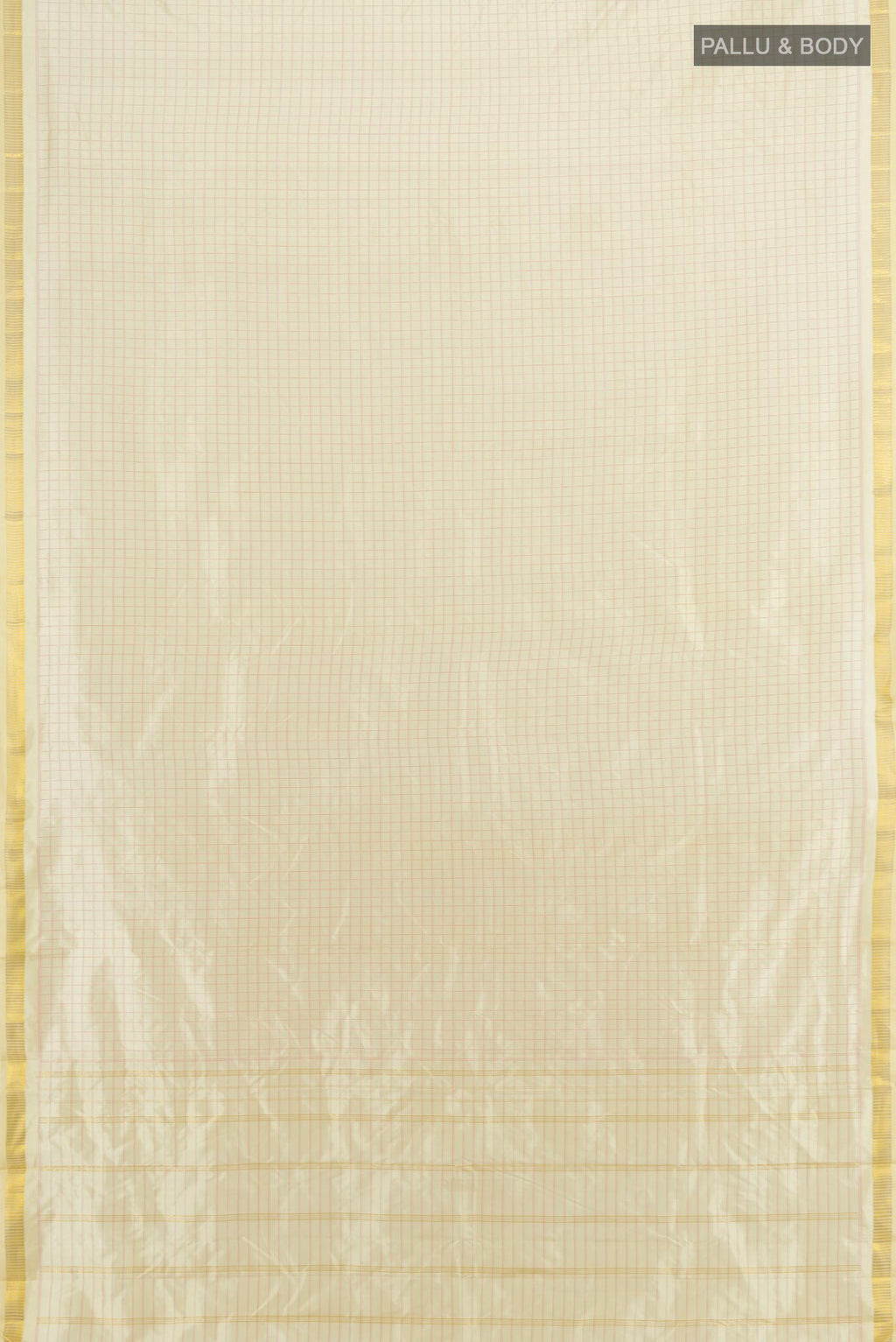 Flat view of Pure Silk Cream Kanjivaram Saree with Checked design on the body and Zari Border. 
