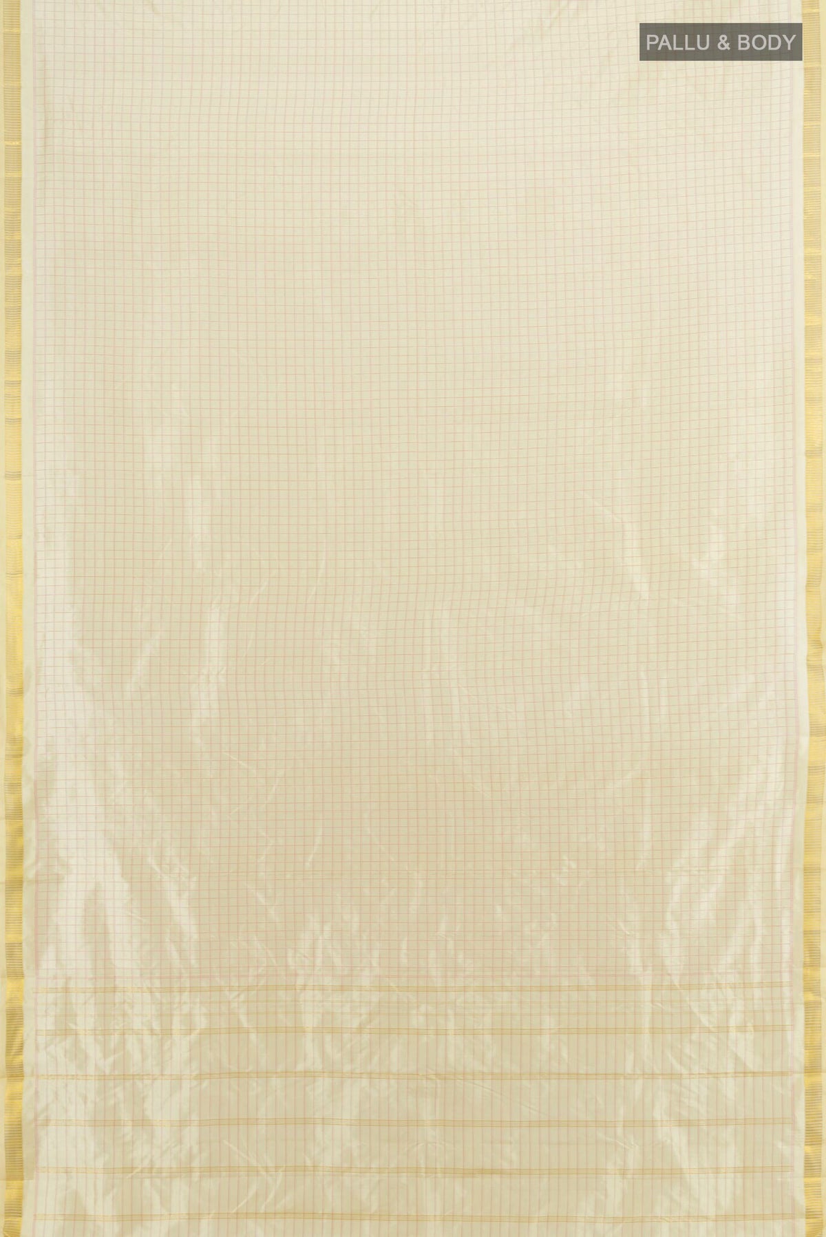 Flat view of Pure Silk Cream Kanjivaram Saree with Checked design on the body and Zari Border. 