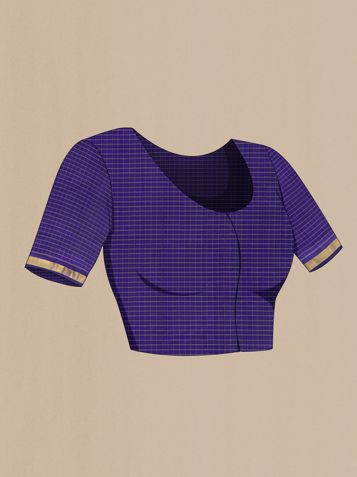 Close up image of the blouse of Pure Silk Dark Blue Kanjivaram Saree with Checked design on the body and Zari Border. 