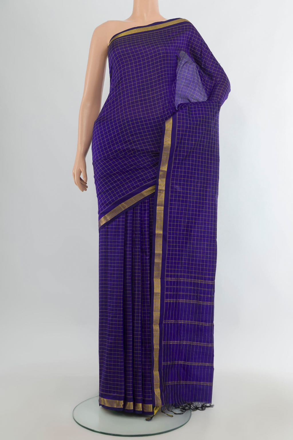 Pure Silk Dark Blue Kanjivaram Saree with Checked design on the body and Zari Border.  displayed on a mannequin