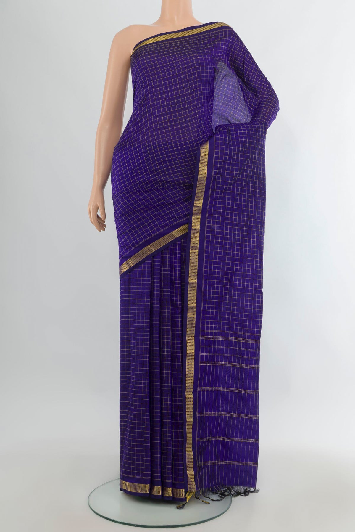 Pure Silk Dark Blue Kanjivaram Saree with Checked design on the body and Zari Border.  displayed on a mannequin