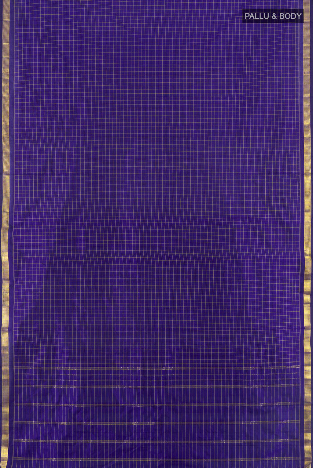Flat view of Pure Silk Dark Blue Kanjivaram Saree with Checked design on the body and Zari Border. 