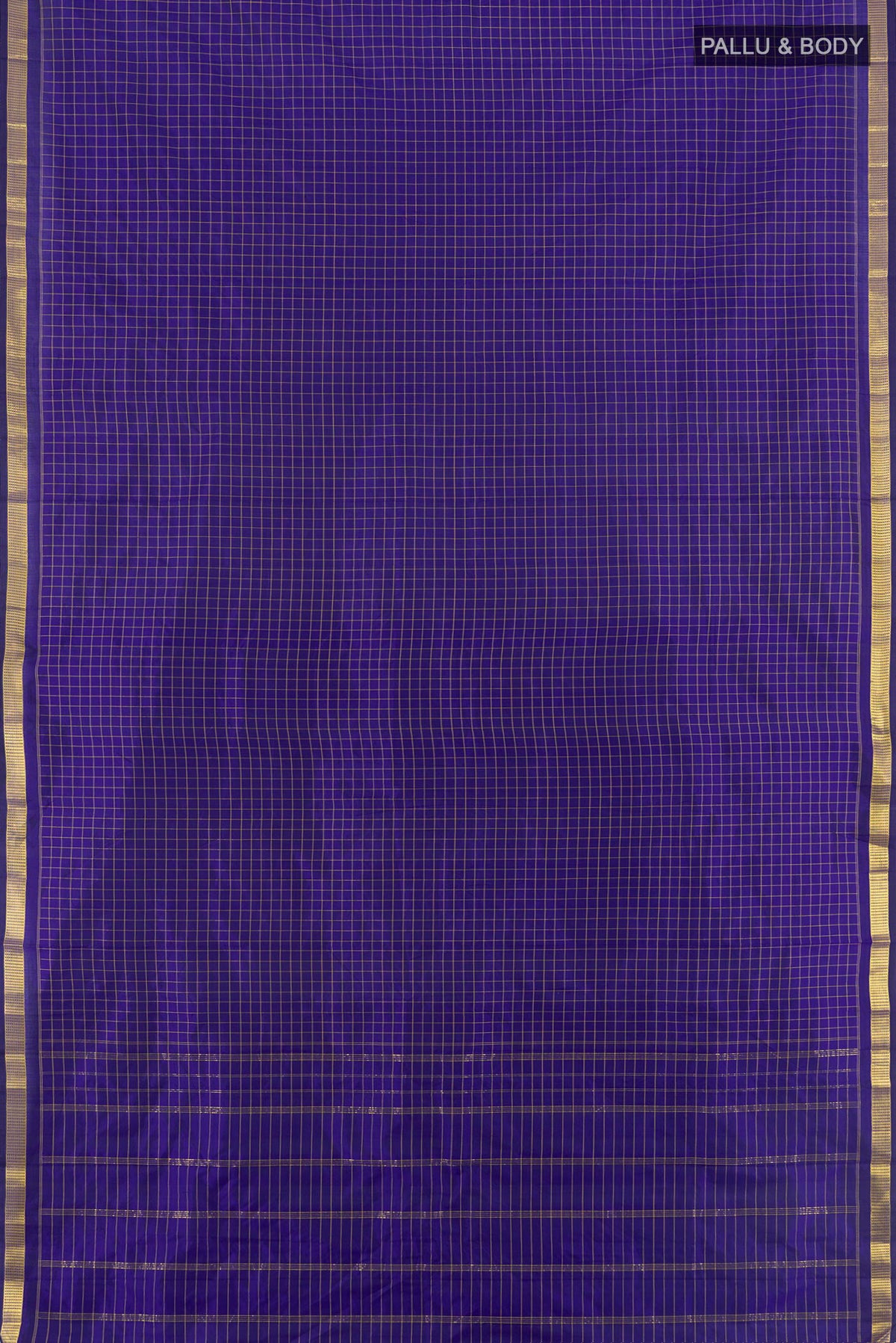 Flat view of Pure Silk Dark Blue Kanjivaram Saree with Checked design on the body and Zari Border. 
