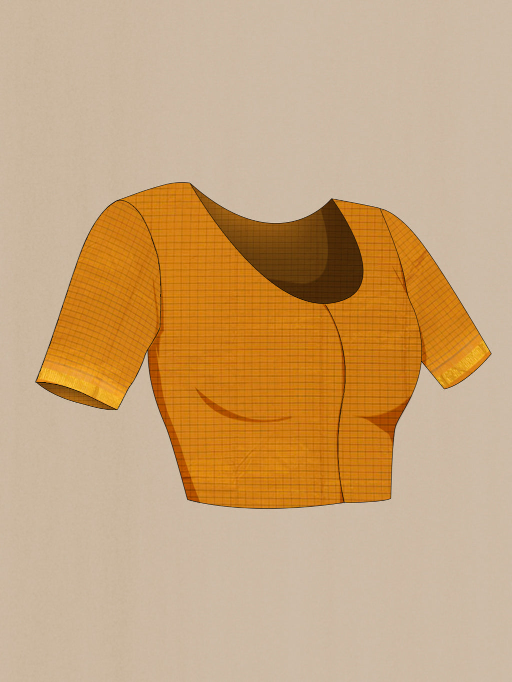 Close up image of the blouse of Pure Silk Mustard Kanjivaram Saree with Checked design on the body and Silk Border. 