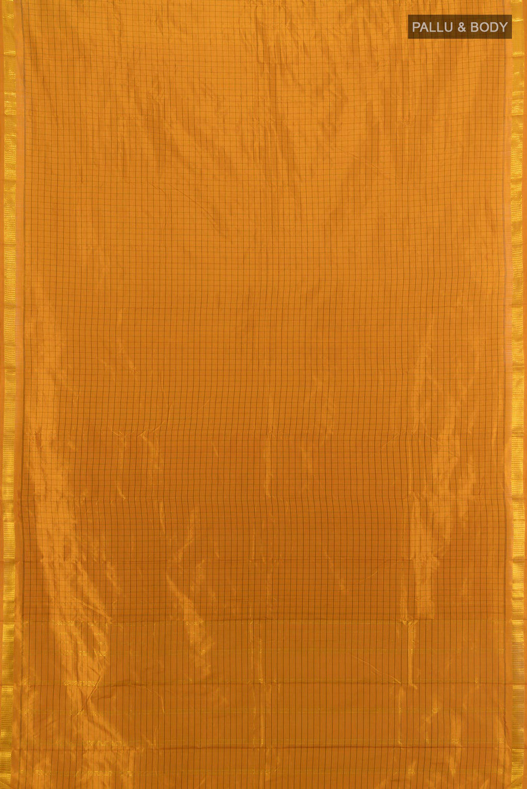 Flat view of Pure Silk Mustard Kanjivaram Saree with Checked design on the body and Silk Border. 