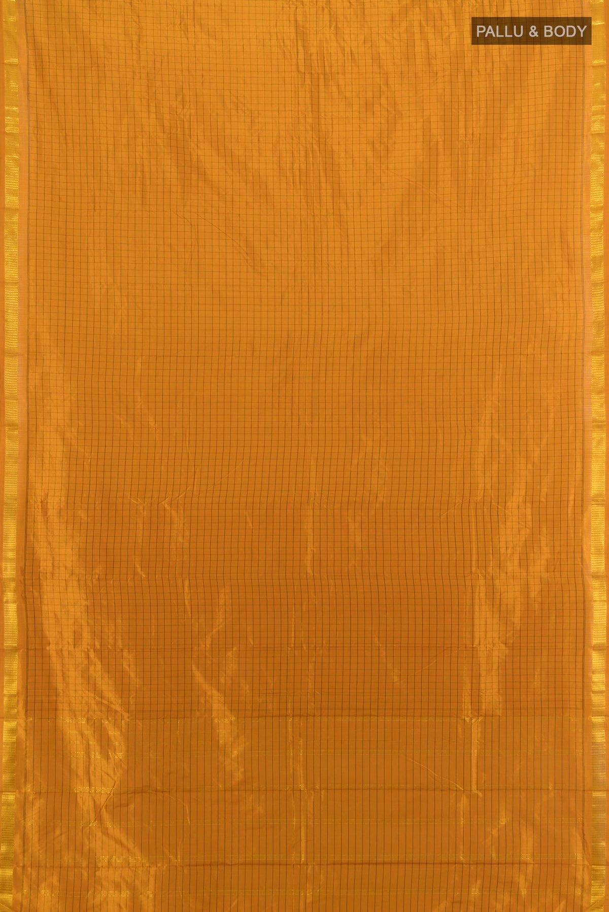Flat view of Pure Silk Mustard Kanjivaram Saree with Checked design on the body and Silk Border. 