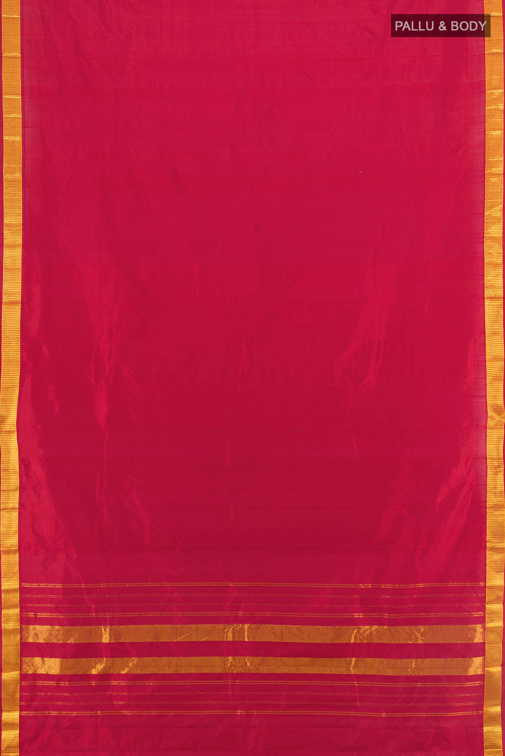 Flat view of Pure Silk Deep Red Kanjivaram Saree with Plain Body and Zari Border. 
