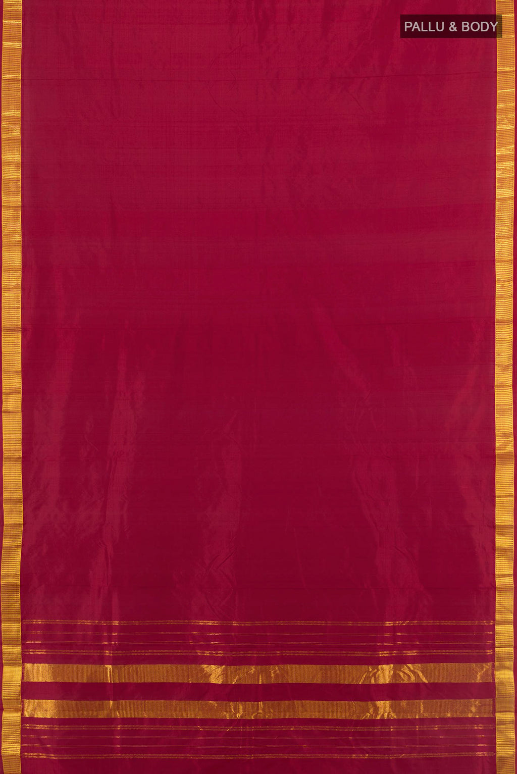 Flat view of Pure Silk Maroon Kanjivaram Saree with Plain Body and Silk Border. 